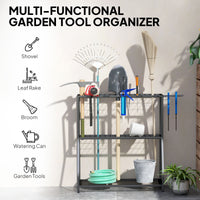 3-Tier Yard Tool Tower Rack, Garden Tool Organizer with Hooks for Long-Handled Rakes, Shovel, Broom, Black