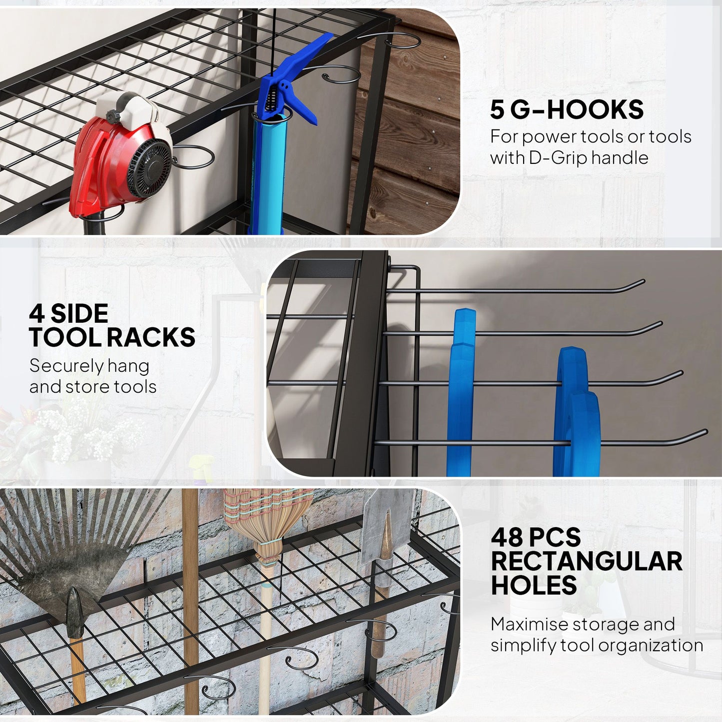 3-Tier Yard Tool Tower Rack, Garden Tool Organizer with Hooks for Long-Handled Rakes, Shovel, Broom, Black