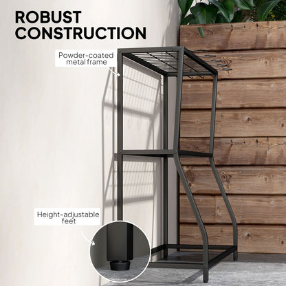 3-Tier Yard Tool Tower Rack, Garden Tool Organizer with Hooks for Long-Handled Rakes, Shovel, Broom, Black