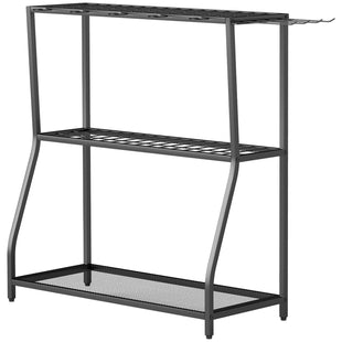 3-Tier Yard Tool Tower Rack, Garden Tool Organizer with Hooks for Long-Handled Rakes, Shovel, Broom, Black