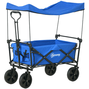 Steel Frame Folding Garden Cart, Collapsible Wagon Cart with Removable Canopy, Telescopic Handle and Carrying Bag, Dark Blue