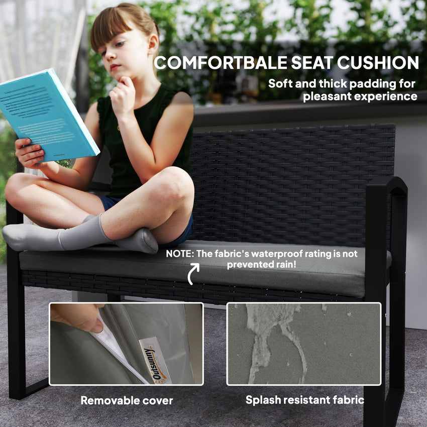 2 Seater Outdoor Bench, Rattan Garden Bench Loveseat with Cushion, Armrests, Steel Frame for Patio, Porch, Light Grey