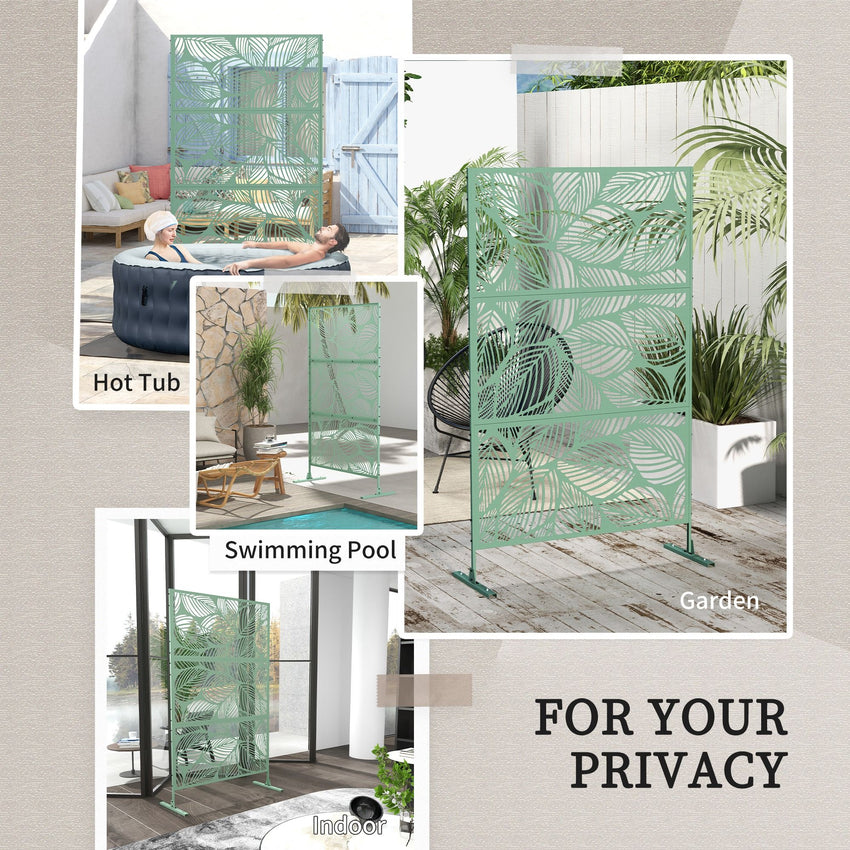 6.5FT Decorative Outdoor Divider, Metal Privacy Screen with Stand, Leaf Style, Light Green