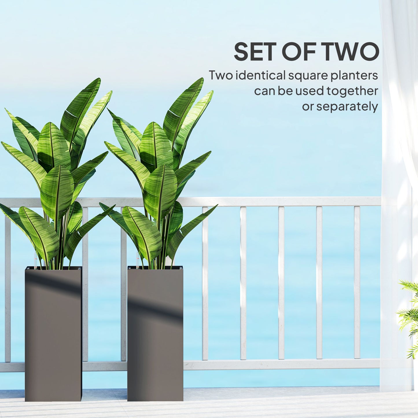 2 Pack Planter Box, 26 Inch Plastic Flower Pots with Water Level Indicator, Drainage Hole and Drain Plug, Dark Grey