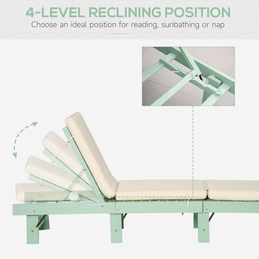 Wooden Folding Chaise Lounge, Outdoor Chaise Lounge Chair, Garden Reclining Tanning Chair with 4 Adjustable Back Soft Cushions, Green