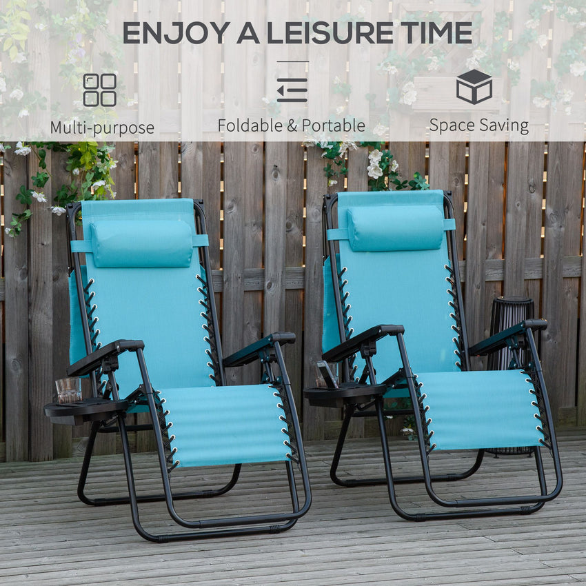 2 Piece Foldable Lounge Chair with Canopy Shade, Outdoor Zero Gravity Chair w/ Side Tray & Cup Holder, Reclining Lounger w/ Breathable Mesh Fabric Seat, Pillow, Sky Blue