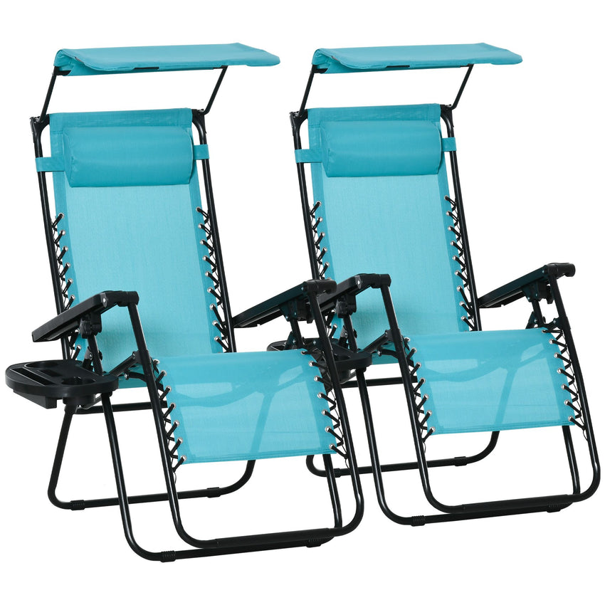 2 Piece Foldable Lounge Chair with Canopy Shade, Outdoor Zero Gravity Chair w/ Side Tray & Cup Holder, Reclining Lounger w/ Breathable Mesh Fabric Seat, Pillow, Sky Blue