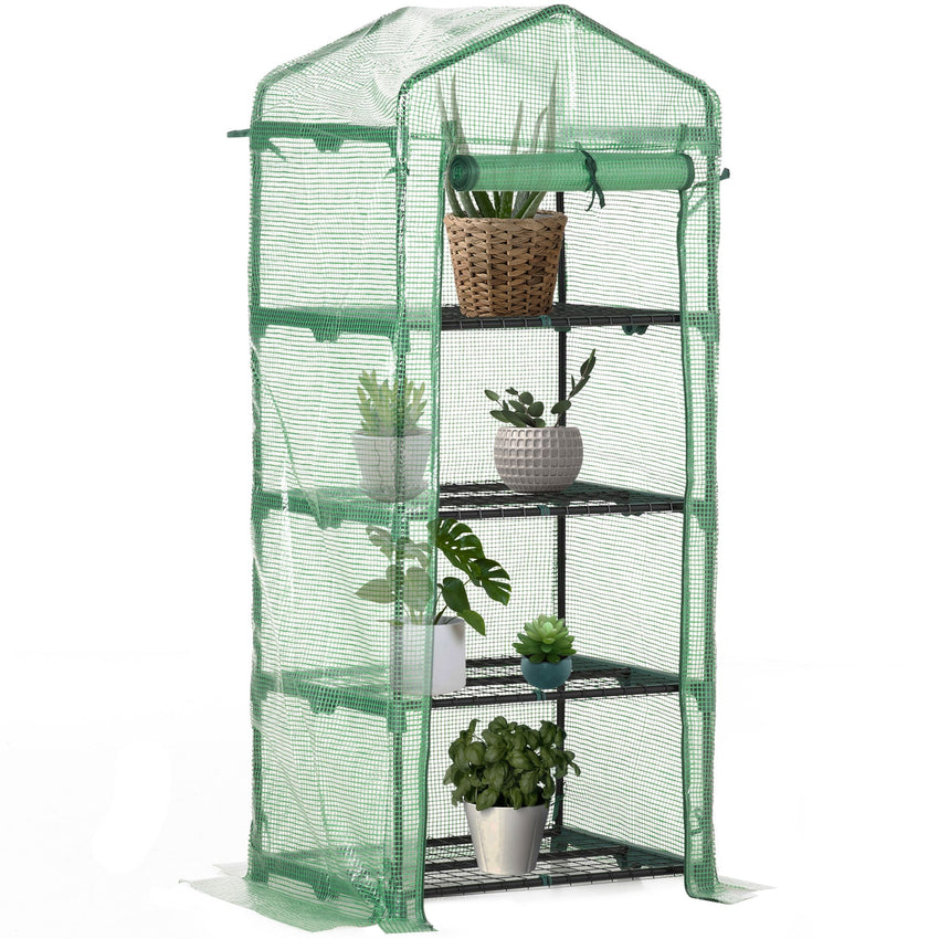 Portable Greenhouse, Outdoor Hot House Plant Flower Greenhouse with 4 Tier Shelves, Steel Frame, PE Cover, Dark Green