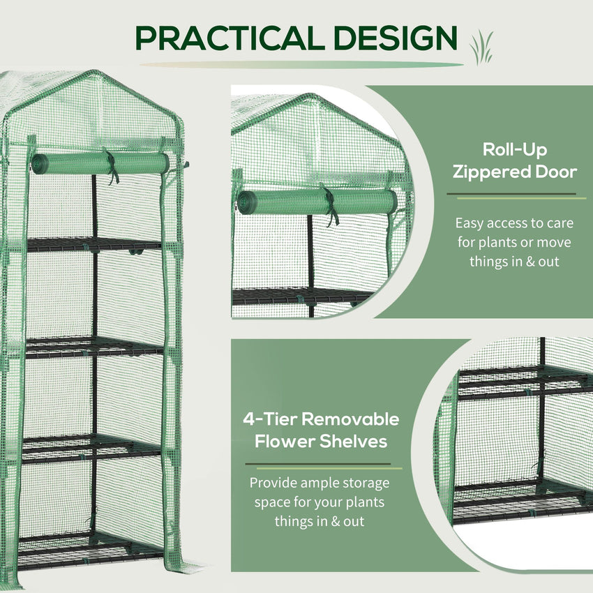 Portable Greenhouse, Outdoor Hot House Plant Flower Greenhouse with 4 Tier Shelves, Steel Frame, PE Cover, Dark Green