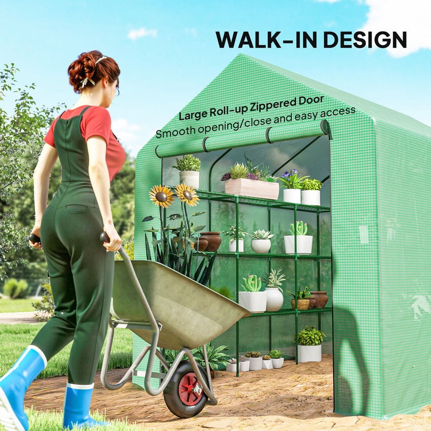 8' x 6' x 7' Portable Walk-In Greenhouse Hot House with 18 Shelves, Water/UV Resistant Weather Cover, & Roll Up Door
