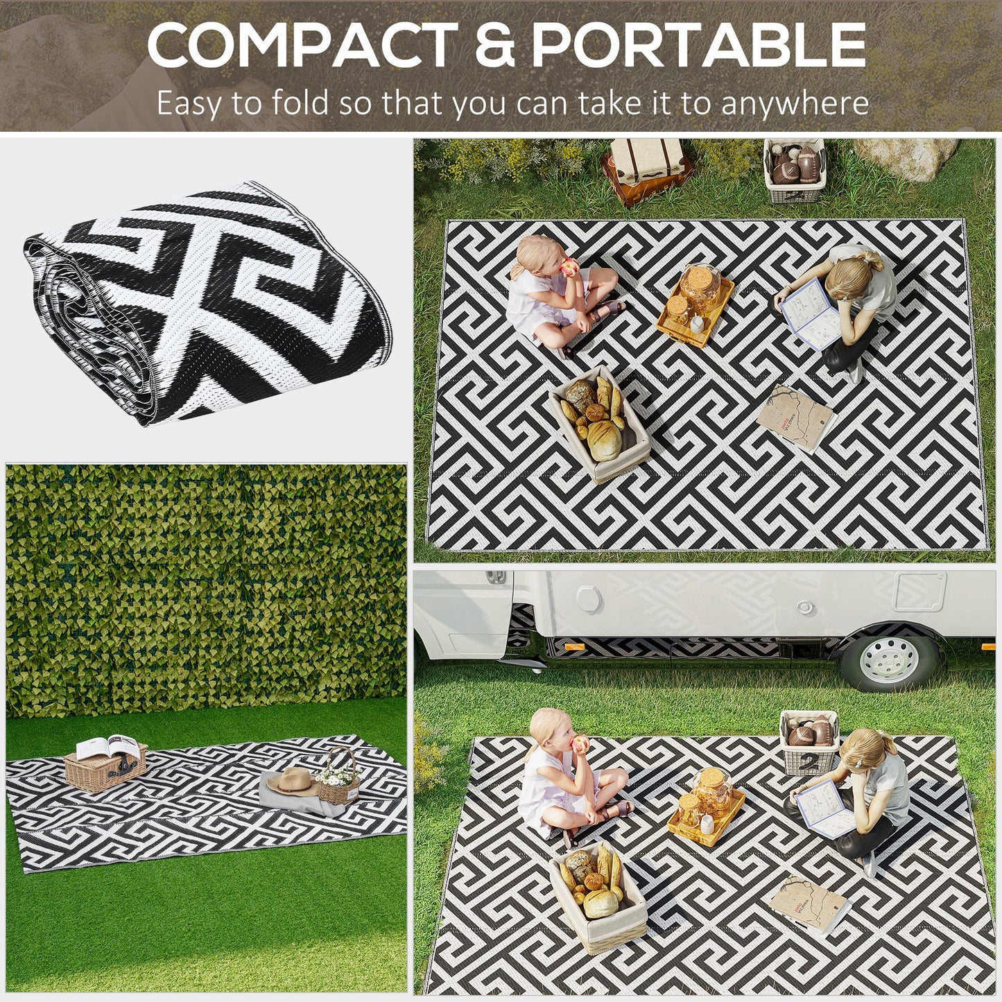 Reversible Outdoor RV Rug, Patio Floor Mat, 5' x 8' Plastic Straw Rug for Backyard, Deck, Beach, Camping, Black & White