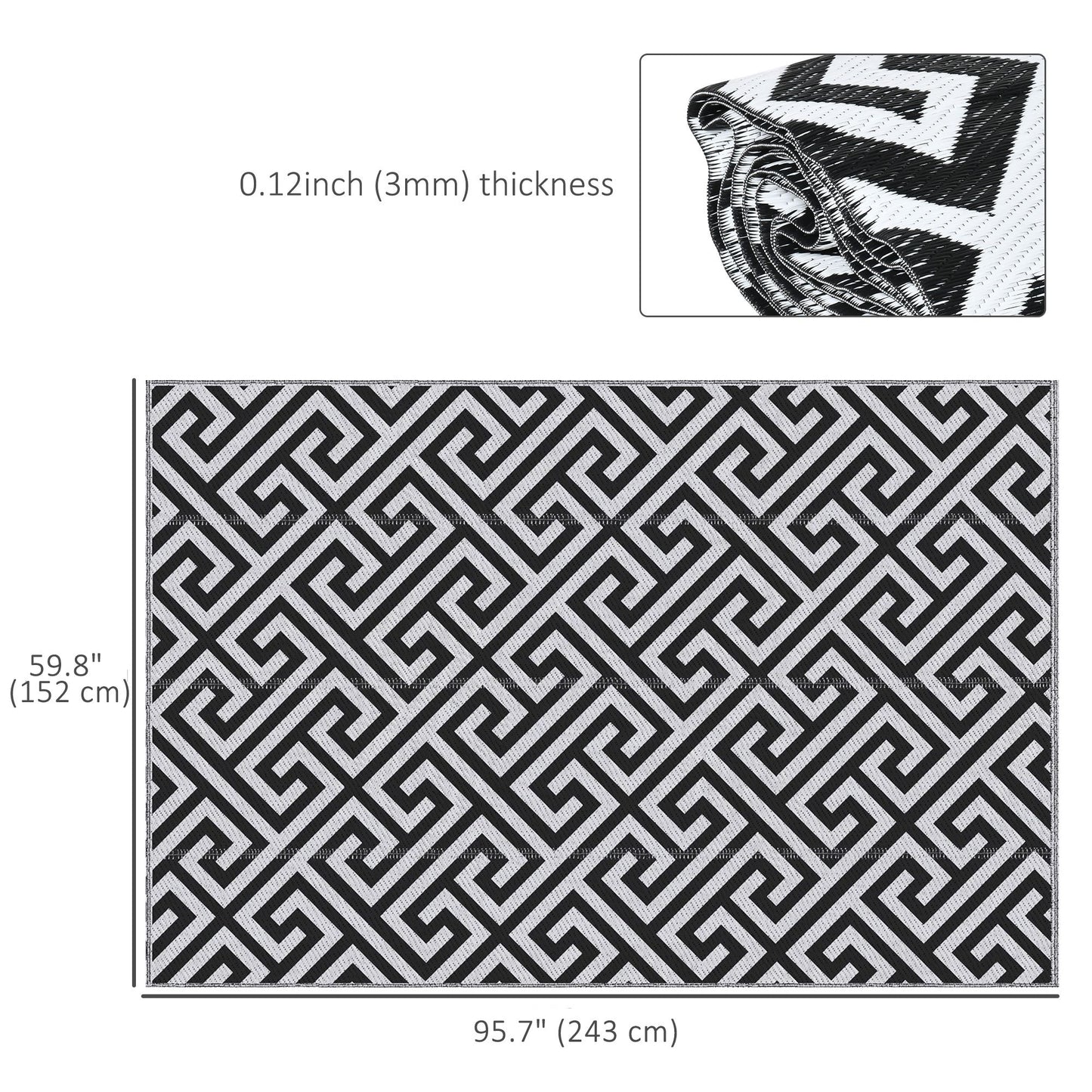 Reversible Outdoor RV Rug, Patio Floor Mat, 5' x 8' Plastic Straw Rug for Backyard, Deck, Beach, Camping, Black & White