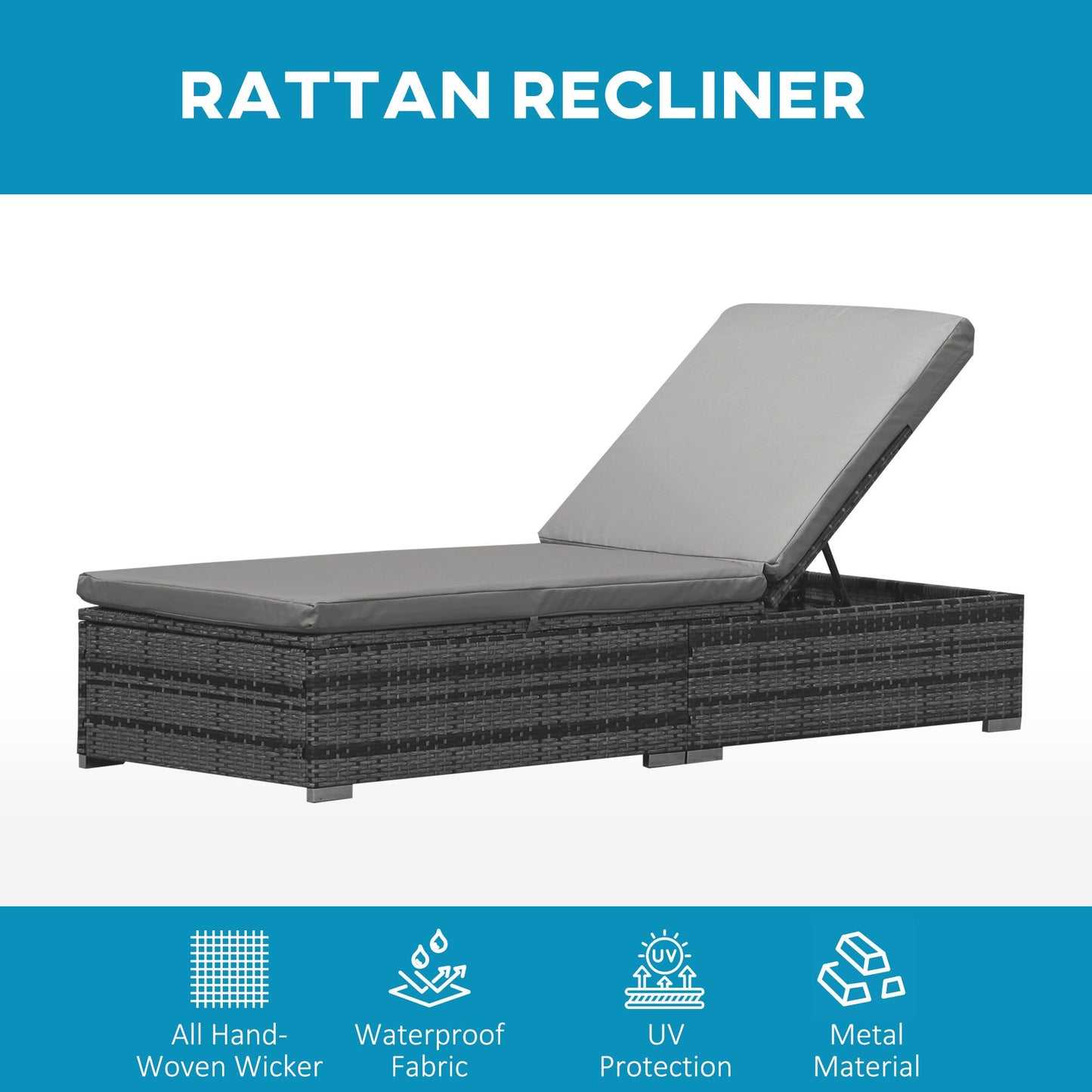 Wicker Outdoor Lounge Chair, Patio Lounge Chair with 5-Level Adjustable Backrest & Cushion for Poolside, Mixed Grey