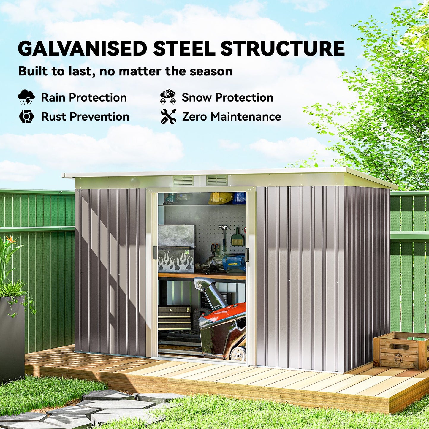 9' x 4' Garden Metal Storage Shed Outdoor Equipment Tool Box with Foundation Kit, Ventilation & Doors, Light Grey