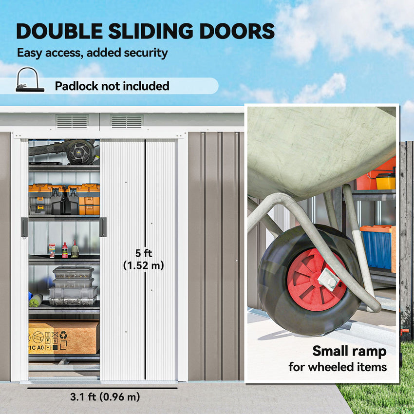 9' x 4' Garden Metal Storage Shed Outdoor Equipment Tool Box with Foundation Kit, Ventilation & Doors, Light Grey