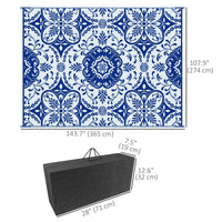 Portable Outdoor Rug with Carry Bag, 9' x 12' Reversible Mat, Waterproof Plastic Straw RV Rug for Backyard, Deck, Picnic, Beach, Camping, Blue & White Flower