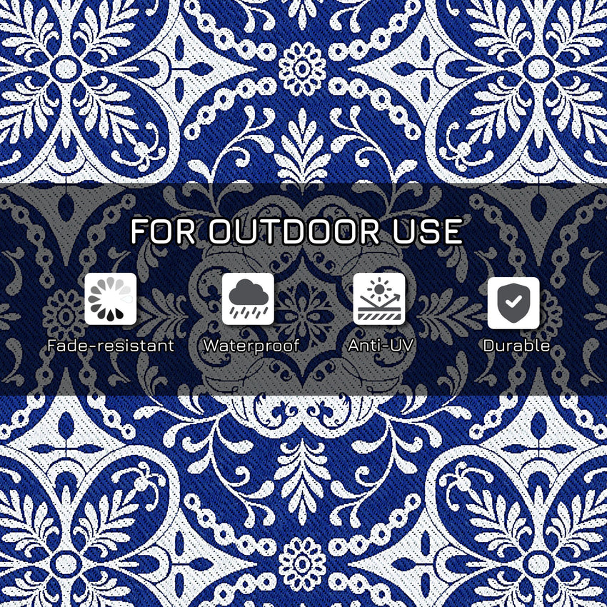 Portable Outdoor Rug with Carry Bag, 9' x 12' Reversible Mat, Waterproof Plastic Straw RV Rug for Backyard, Deck, Picnic, Beach, Camping, Blue & White Flower