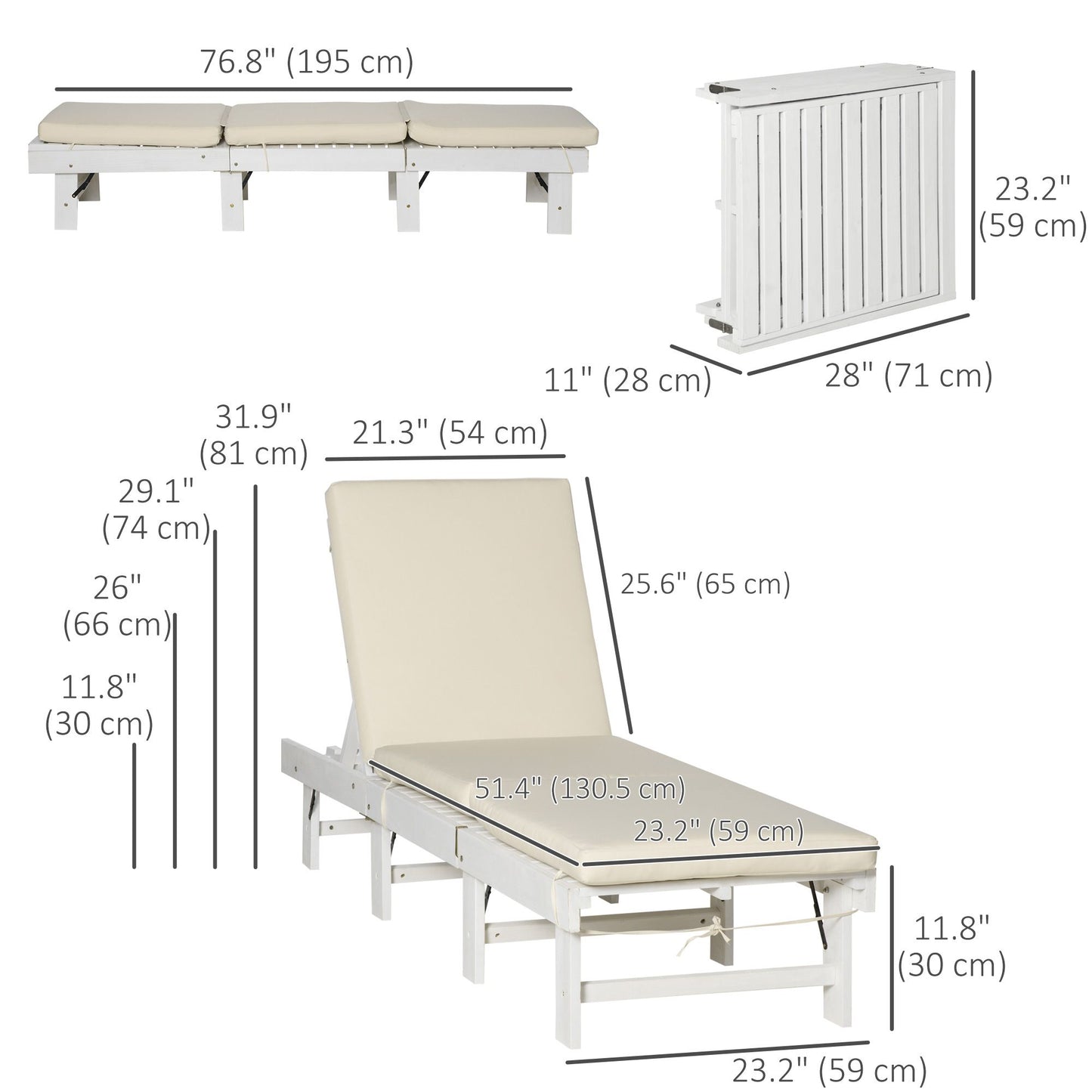 Wooden Folding Chaise Lounge, Outdoor Chaise Lounge Chair, Garden Reclining Tanning Chair with 4 Adjustable Back Soft Cushions, White