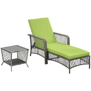2 Pieces Wicker Patio Lounge Set w/ Cushions, Outdoor PE Rattan Sun Lounger Sets w/ 5-Level Reclining Chaise Chair & Two-tier Glass Top Coffee Table, Green
