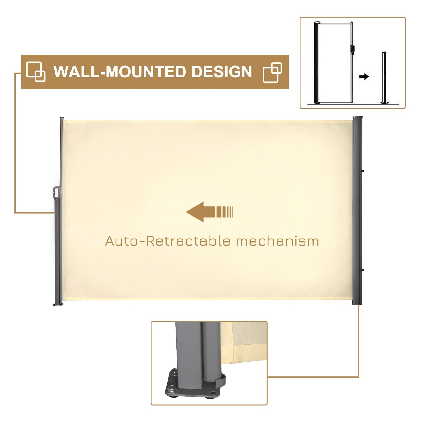 118" x 71" Outdoor Folding Privacy Screen Retractable Side Awning Patio with Resistance to UV Rays and Wind Cream White