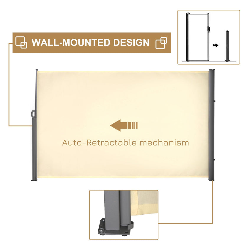 118" x 71" Outdoor Folding Privacy Screen Retractable Side Awning Patio with Resistance to UV Rays and Wind Cream White