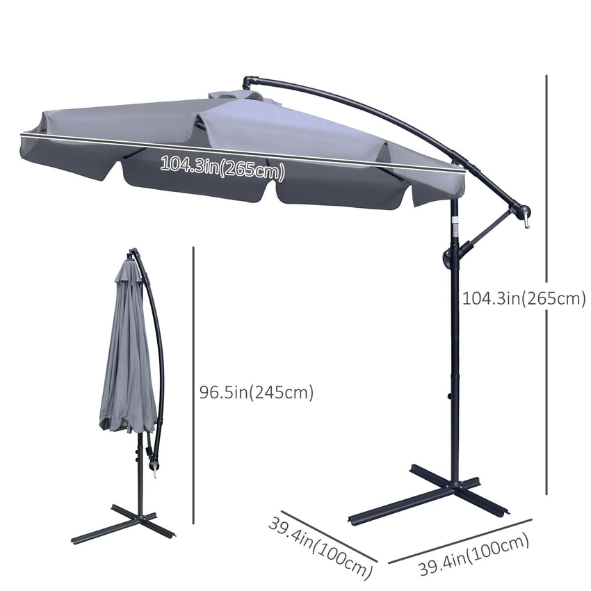 9FT Offset Hanging Patio Umbrella Cantilever Umbrella with Easy Tilt Adjustment, Cross Base and 8 Ribs for Backyard, Poolside, Lawn and Garden, Dark Grey