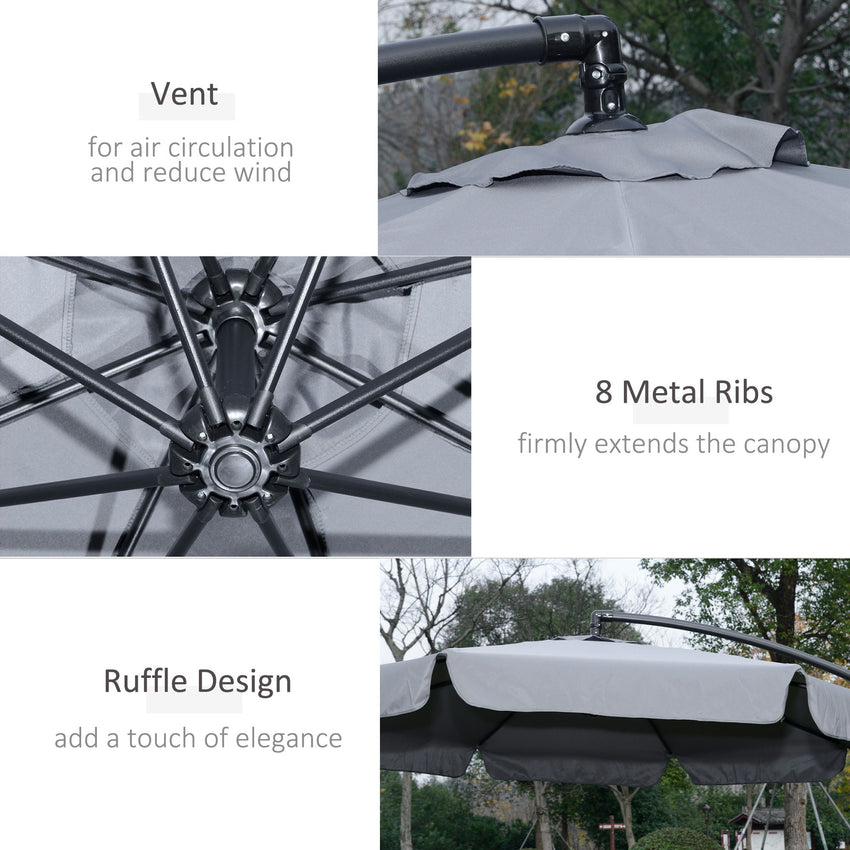 9FT Offset Hanging Patio Umbrella Cantilever Umbrella with Easy Tilt Adjustment, Cross Base and 8 Ribs for Backyard, Poolside, Lawn and Garden, Dark Grey