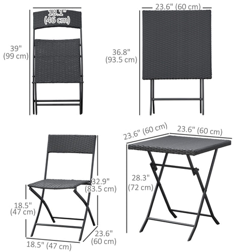 3-Piece Outdoor Folding Rattan Bistro Set, Mixed Brown