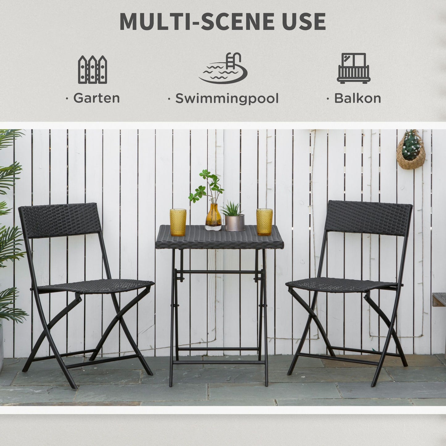 3-Piece Outdoor Folding Rattan Bistro Set, Mixed Brown