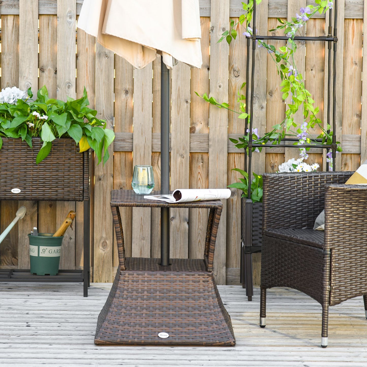 Rattan Wicker Side Table, 21.3" Square Outdoor End Table with Umbrella Hole 2-Tier Storage for Patio Garden Mixed Brown