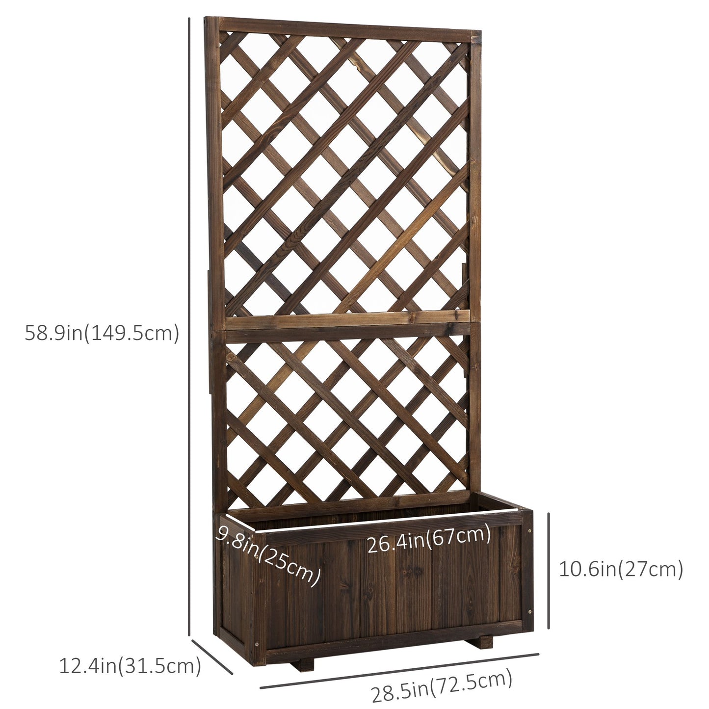 2.4 x 1 x 4.9 ft Garden Wooden Pine Trough Planter with Topped Trellis Climbing Plants Flower Raised Bed, Carbonized