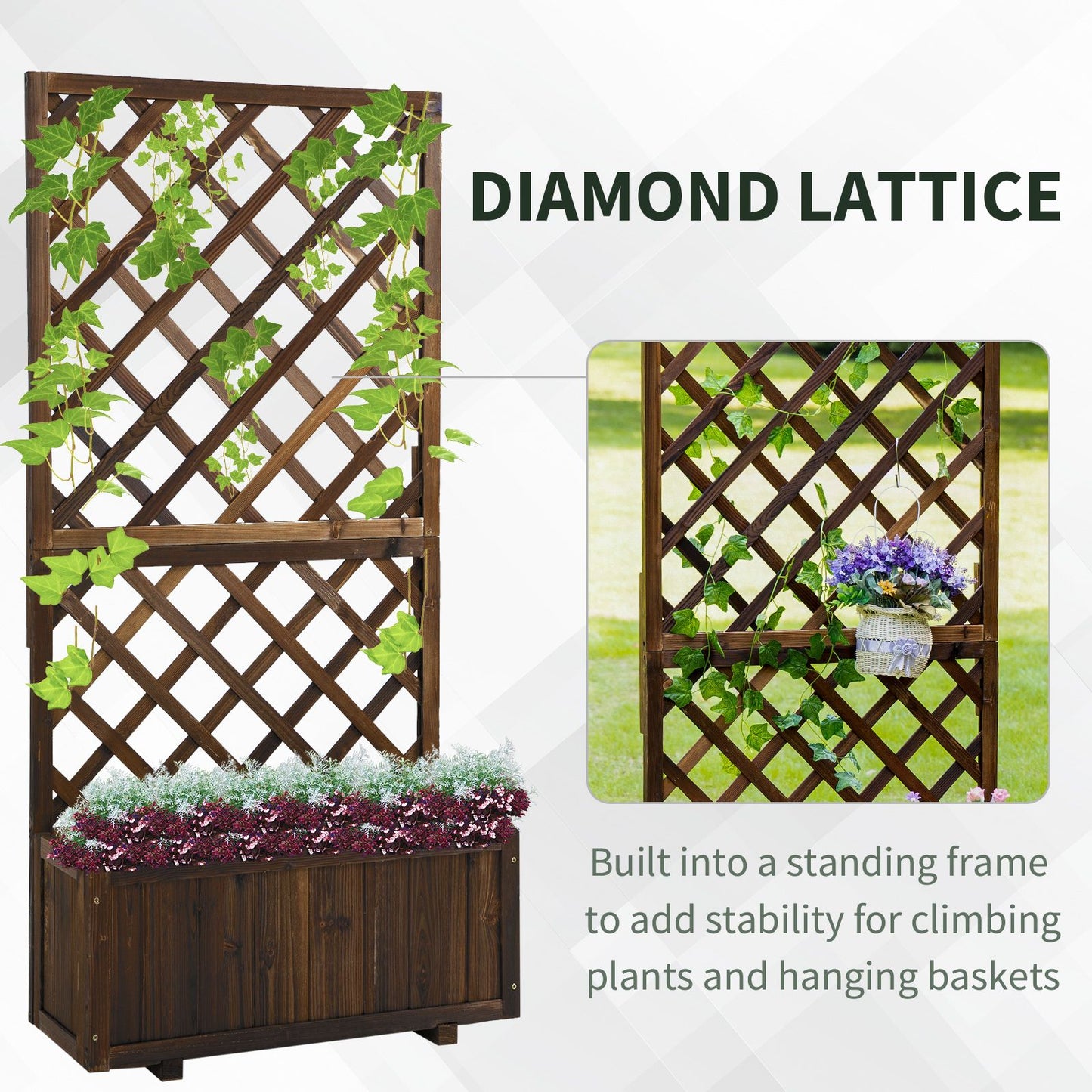 2.4 x 1 x 4.9 ft Garden Wooden Pine Trough Planter with Topped Trellis Climbing Plants Flower Raised Bed, Carbonized