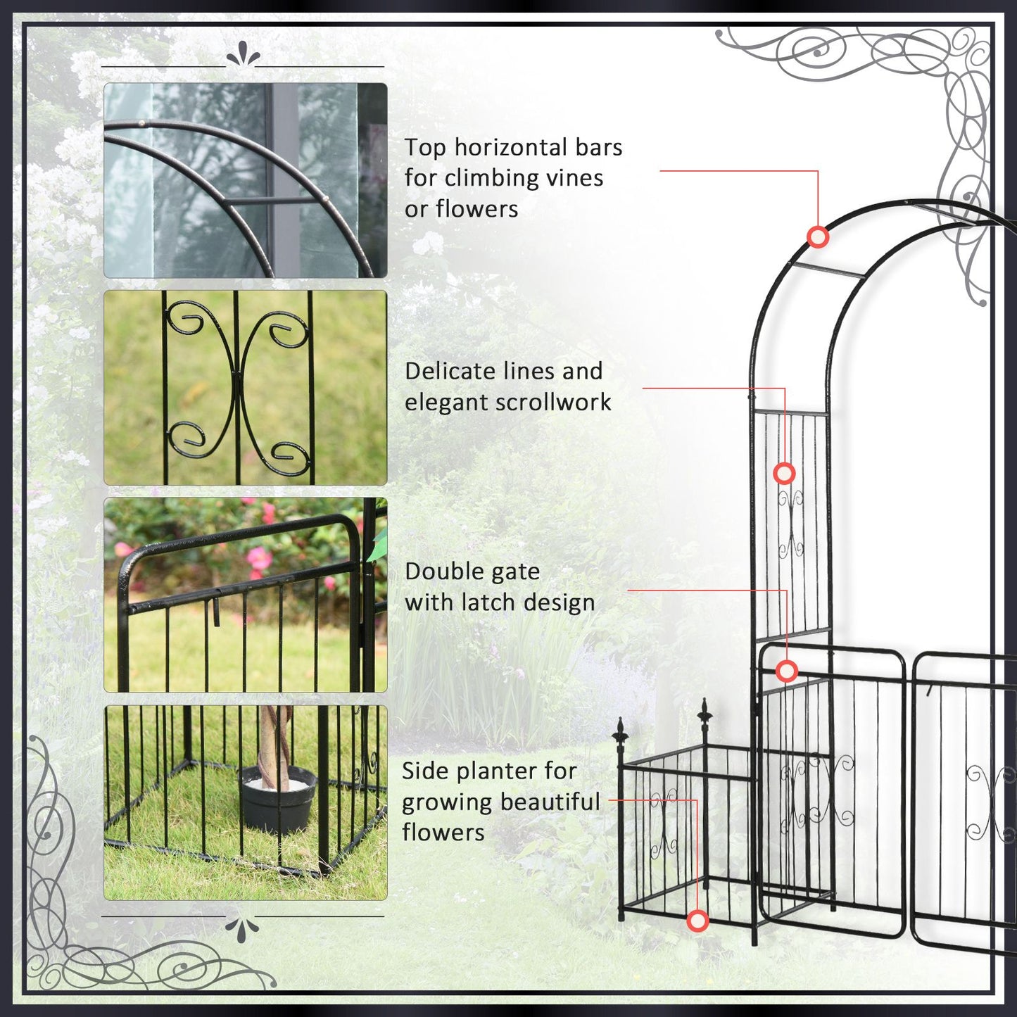 7.2FT Metal Garden Arbor Arch with Double Doors, 2 Side Planter Baskets, Climbing Vine Frame, Black