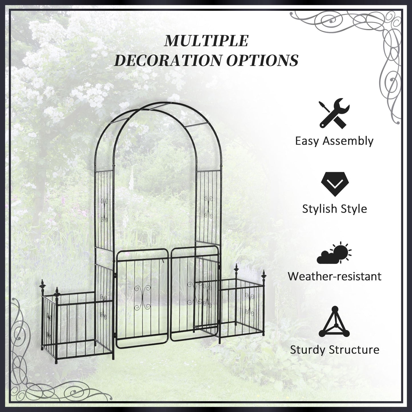 7.2FT Metal Garden Arbor Arch with Double Doors, 2 Side Planter Baskets, Climbing Vine Frame, Black