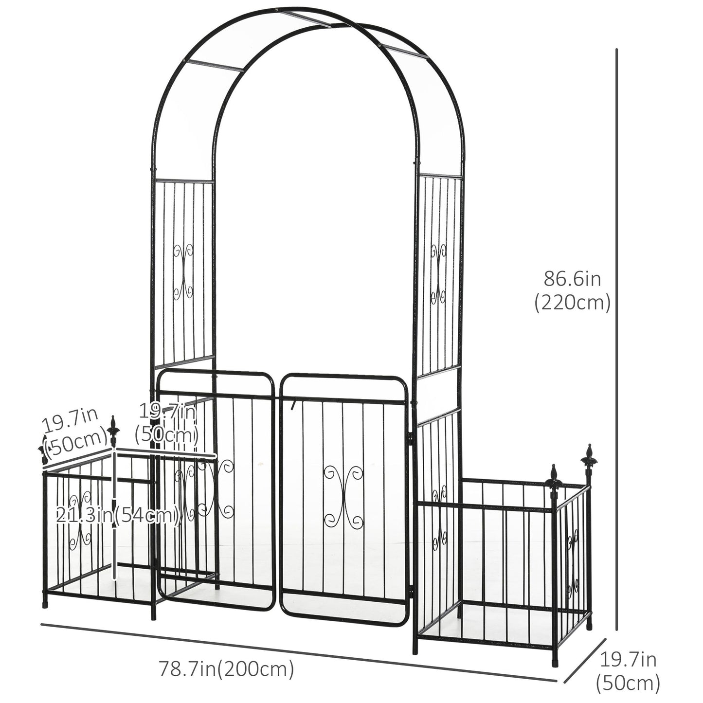 7.2FT Metal Garden Arbor Arch with Double Doors, 2 Side Planter Baskets, Climbing Vine Frame, Black