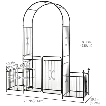 7.2FT Metal Garden Arbor Arch with Double Doors, 2 Side Planter Baskets, Climbing Vine Frame, Black
