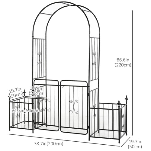 7.2FT Metal Garden Arbor Arch with Double Doors, 2 Side Planter Baskets, Climbing Vine Frame, Black
