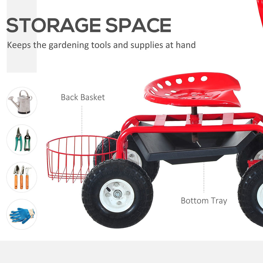 Garden Scooter, Rolling Cart with Swivel and Adjustable Seat, Tool Tray, Bucket Basket, Red and Black