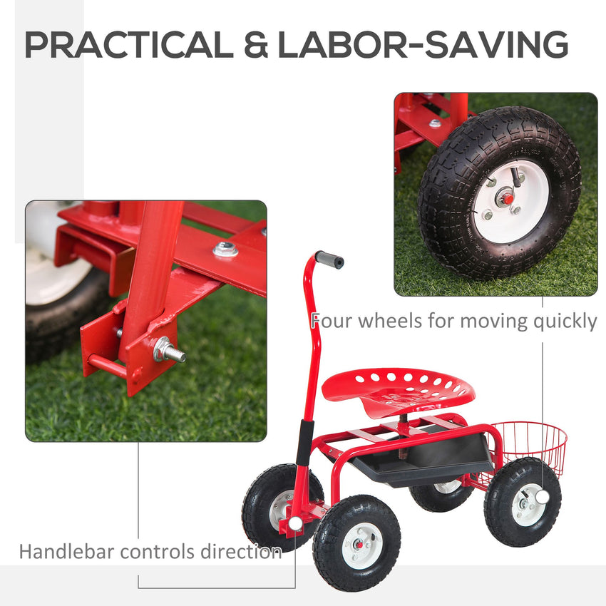 Garden Scooter, Rolling Cart with Swivel and Adjustable Seat, Tool Tray, Bucket Basket, Red and Black