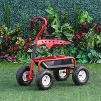 Garden Scooter, Rolling Cart with Swivel and Adjustable Seat, Tool Tray, Bucket Basket, Red and Black