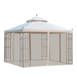 10' x 10' Steel Outdoor Patio Gazebo Canopy with Removable Mesh Curtains, Display Shelves, & Steel Frame, Beige