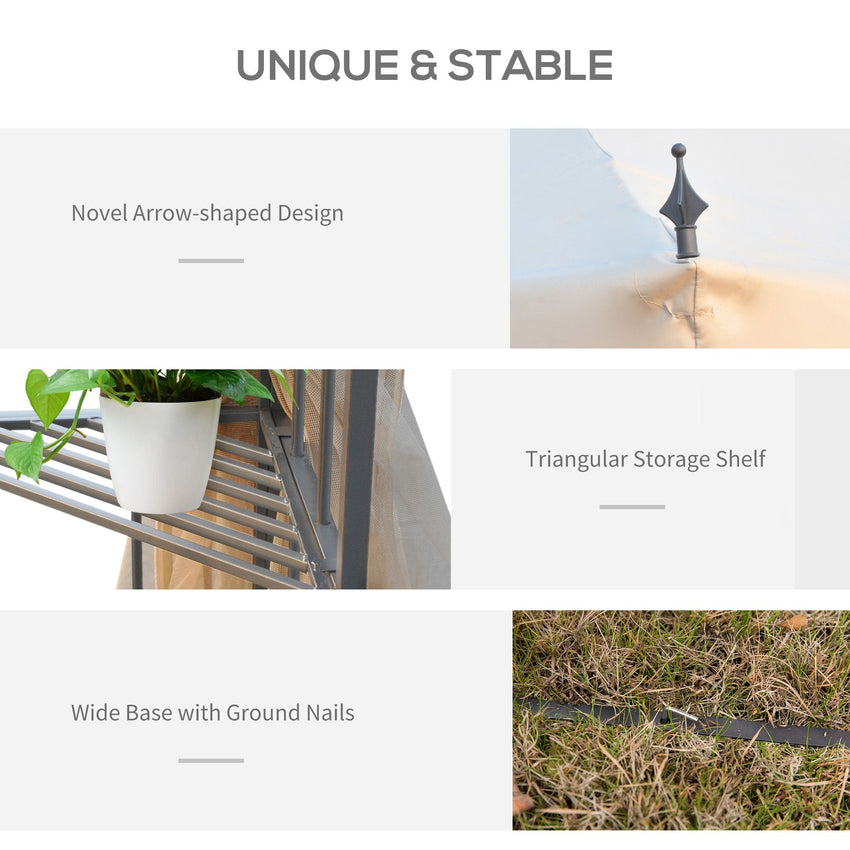 10' x 10' Steel Outdoor Patio Gazebo Canopy with Removable Mesh Curtains, Display Shelves, & Steel Frame, Beige