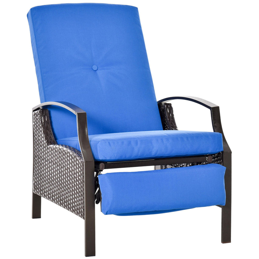 Outdoor Rattan Recliner Chair, Wicker Reclining Chair with Adjustable Back Retractable Footrest Cushion Blue