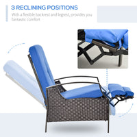 Outdoor Rattan Recliner Chair, Wicker Reclining Chair with Adjustable Back Retractable Footrest Cushion Blue