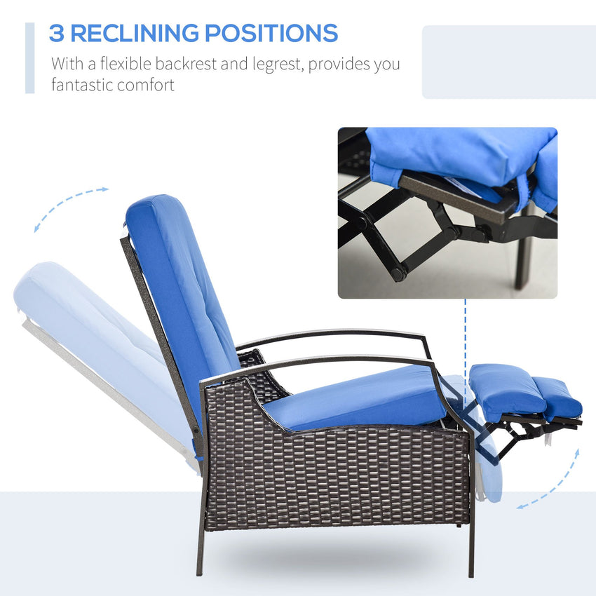 Outdoor Rattan Recliner Chair, Wicker Reclining Chair with Adjustable Back Retractable Footrest Cushion Blue