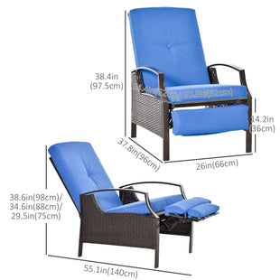 Outdoor Rattan Recliner Chair, Wicker Reclining Chair with Adjustable Back Retractable Footrest Cushion Blue