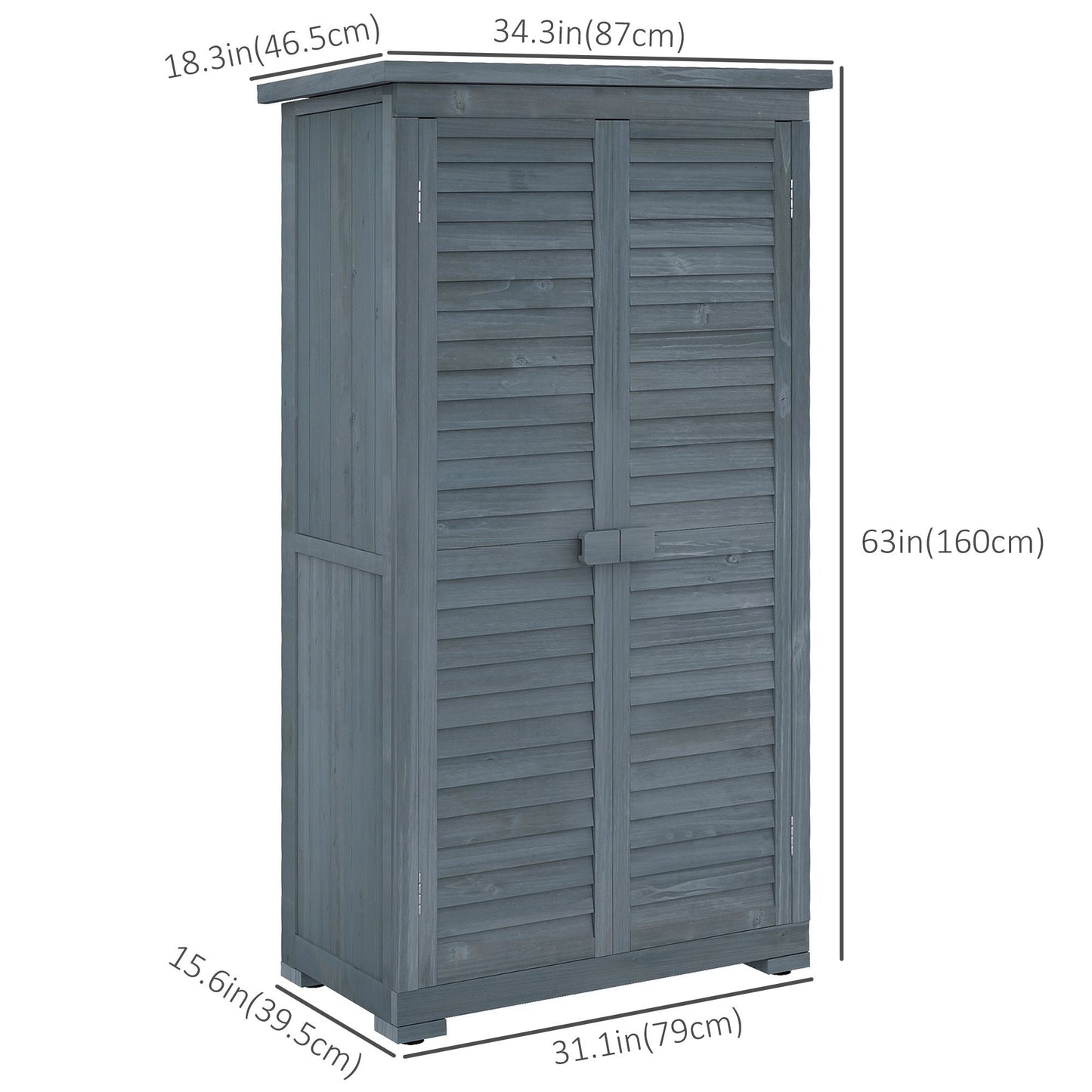 Outdoor Garden Shed, Wooden Tool Storage Shed, 3-Tier Shelves, Asphalt Roof, Shutter Doors, 34.3" x 18.3" x 63", Grey