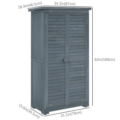 Outdoor Garden Shed, Wooden Tool Storage Shed, 3-Tier Shelves, Asphalt Roof, Shutter Doors, 34.3" x 18.3" x 63", Grey