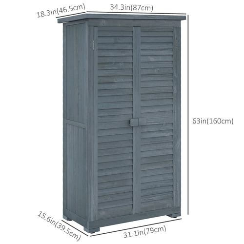 Outdoor Garden Shed, Wooden Tool Storage Shed, 3-Tier Shelves, Asphalt Roof, Shutter Doors, 34.3" x 18.3" x 63", Grey