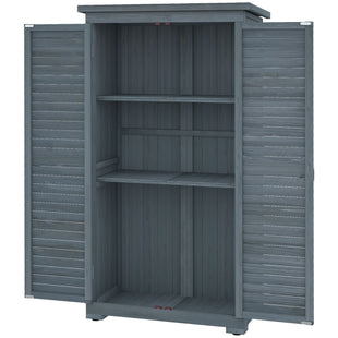 Outdoor Garden Shed, Wooden Tool Storage Shed, 3-Tier Shelves, Asphalt Roof, Shutter Doors, 34.3" x 18.3" x 63", Grey